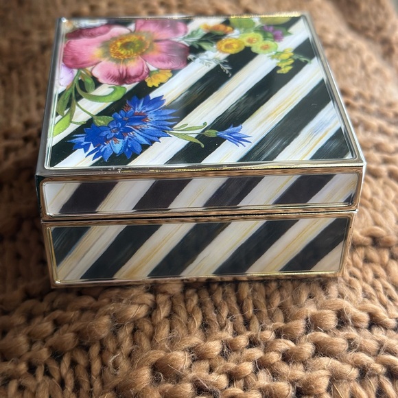 MacKenzie-Childs trinket box 3.5 x 3.5 floral striped velvet lined glass - Picture 2 of 9